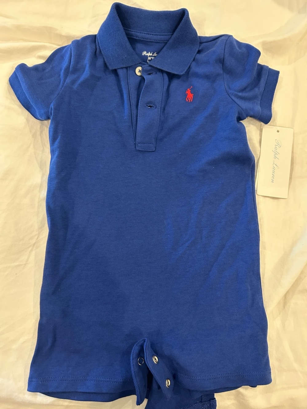 Ralph Lauren Toddler baby Blue Polo Romper with Red Pony horse 9M